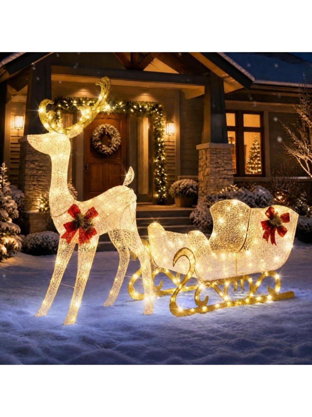 6 FT Pre-lit Christmas Reindeer & Sleigh Set with 215 Warm White Lights